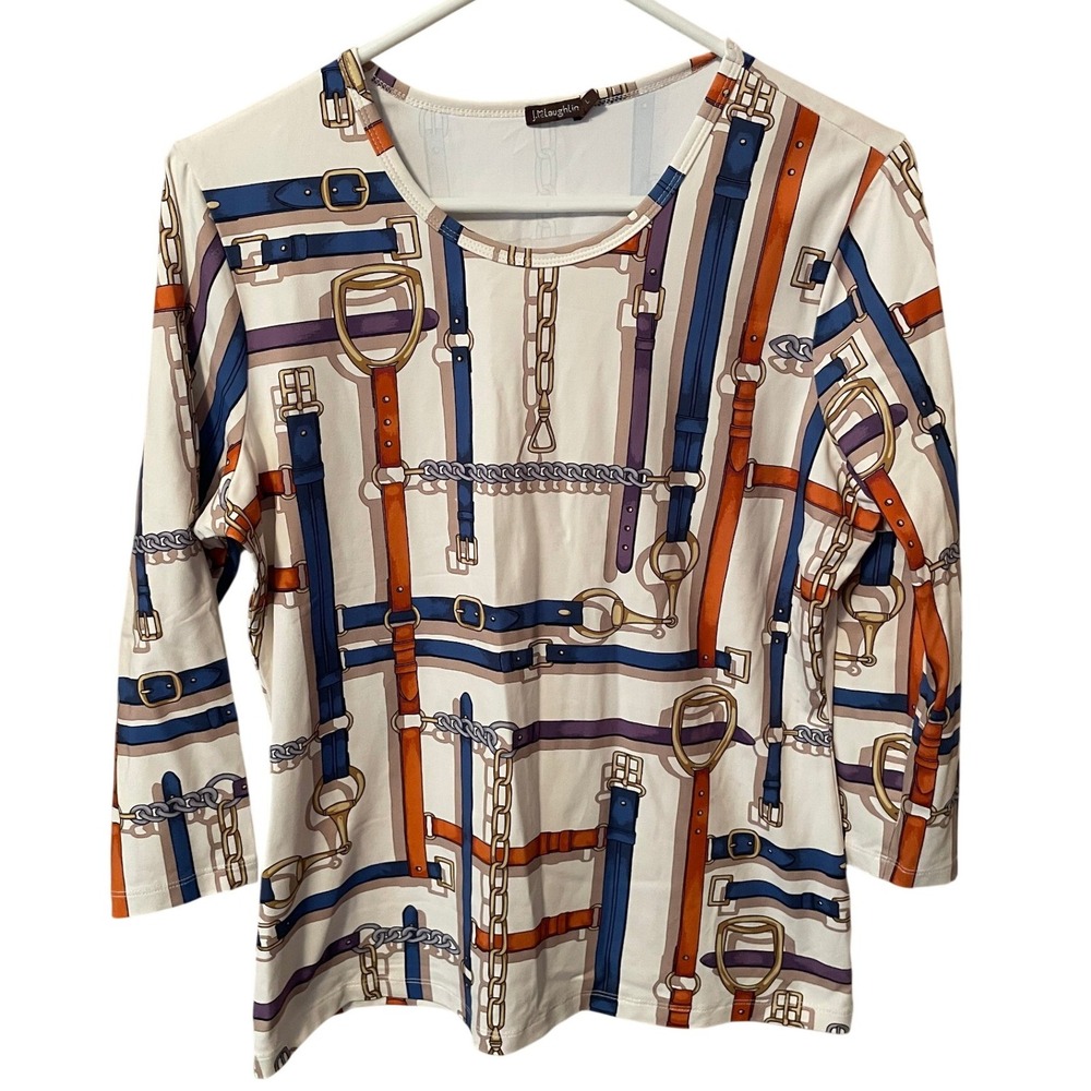 J.McLaughlin Womens Equestrian Belt Chain Print Top Cream Blue Orange Size L